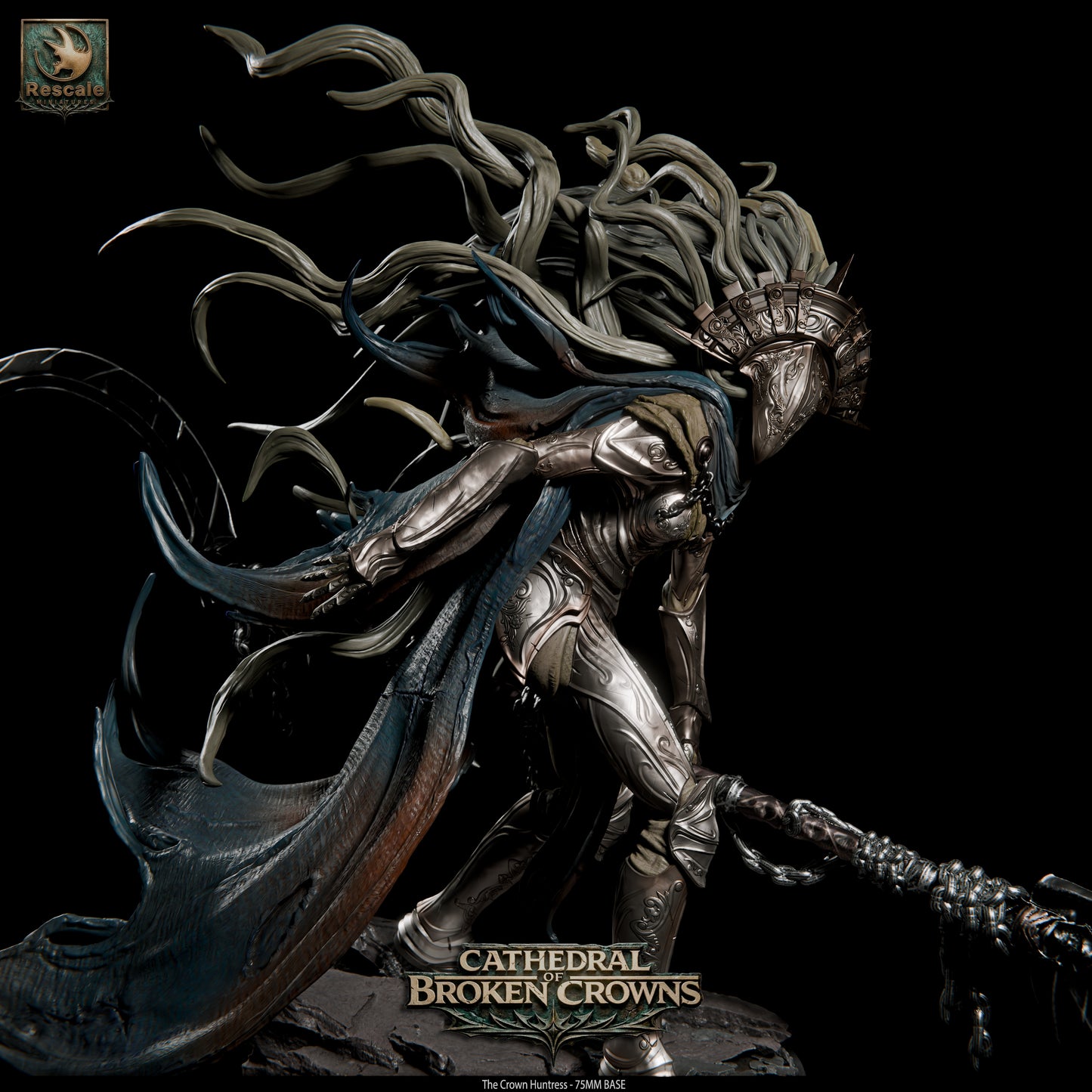 Black Crown Huntress Tattles Told 3D D&D miniature featuring detailed armor and regal crown, perfect for tabletop RPGs.