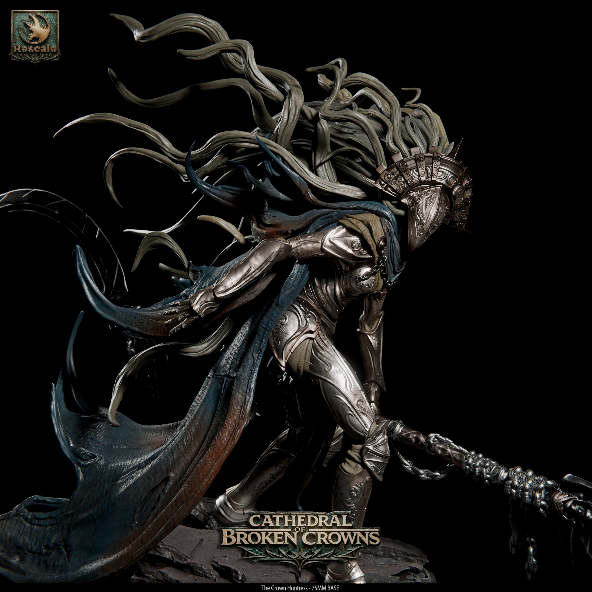 Black Crown Huntress Tattles Told 3D D&D miniature featuring detailed armor and regal crown, perfect for tabletop RPGs.