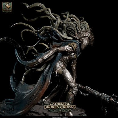 Black Crown Huntress Tattles Told 3D D&D miniature featuring detailed armor and regal crown, perfect for tabletop RPGs.