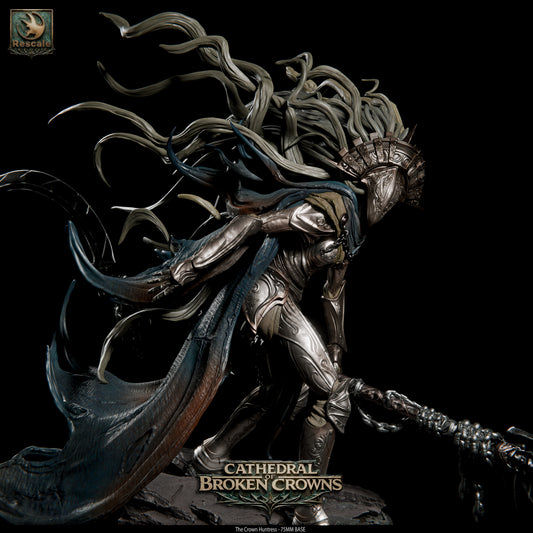 Black Crown Huntress Tattles Told 3D D&D miniature featuring detailed armor and regal crown, perfect for tabletop RPGs.