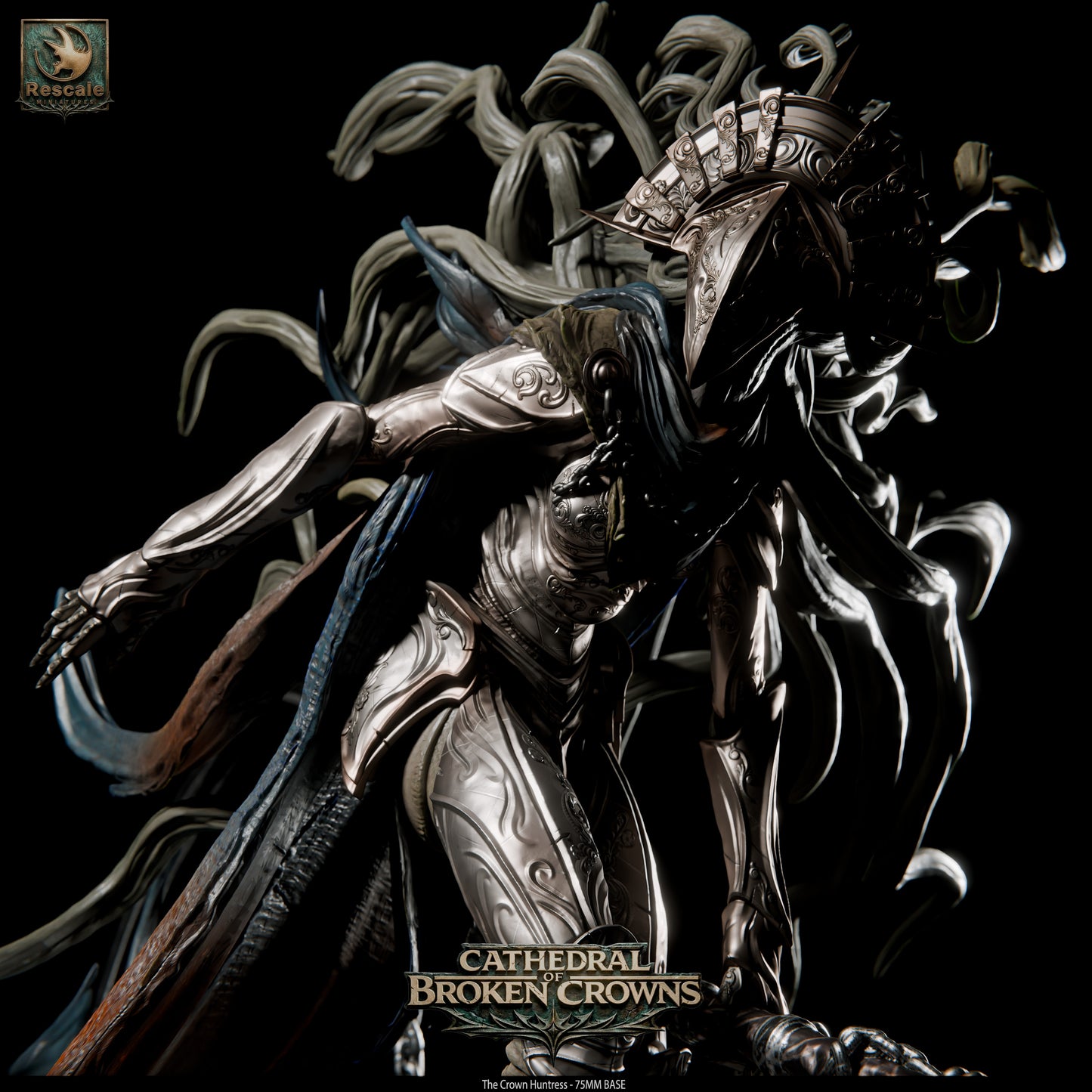 Black Crown Huntress miniature from Cathedral of Broken Crowns for D&D TTRPG, by Tattles Told 3D, detailed fantasy resin miniature.