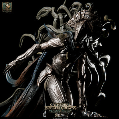 Black Crown Huntress miniature from Cathedral of Broken Crowns for D&D TTRPG, by Tattles Told 3D, detailed fantasy resin miniature.