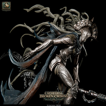 Rescaled D&D miniature of Crown Huntress, Cathedral of Broken Crowns by Tattles Told 3D, featuring detailed black figure for tabletop gaming.
