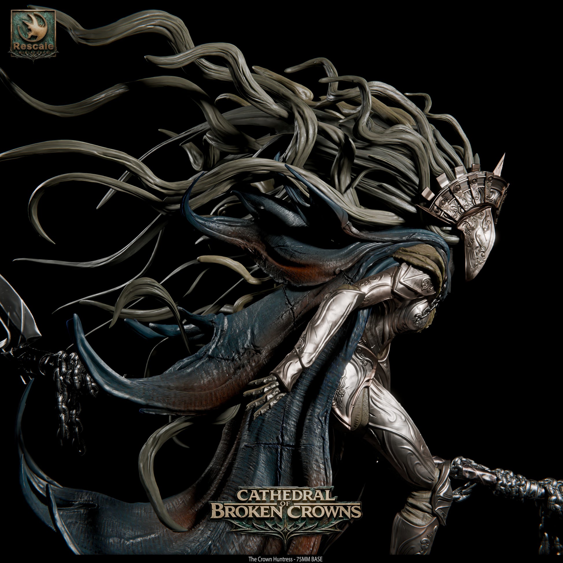 Black Crown Huntress miniature from Tattles Told 3D's Cathedral of Broken Crowns D&D TTRPG miniatures set, detailed fantasy figure.