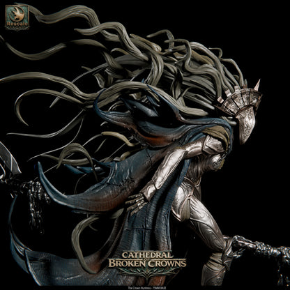 Black Crown Huntress miniature from Tattles Told 3D's Cathedral of Broken Crowns D&D TTRPG miniatures set, detailed fantasy figure.