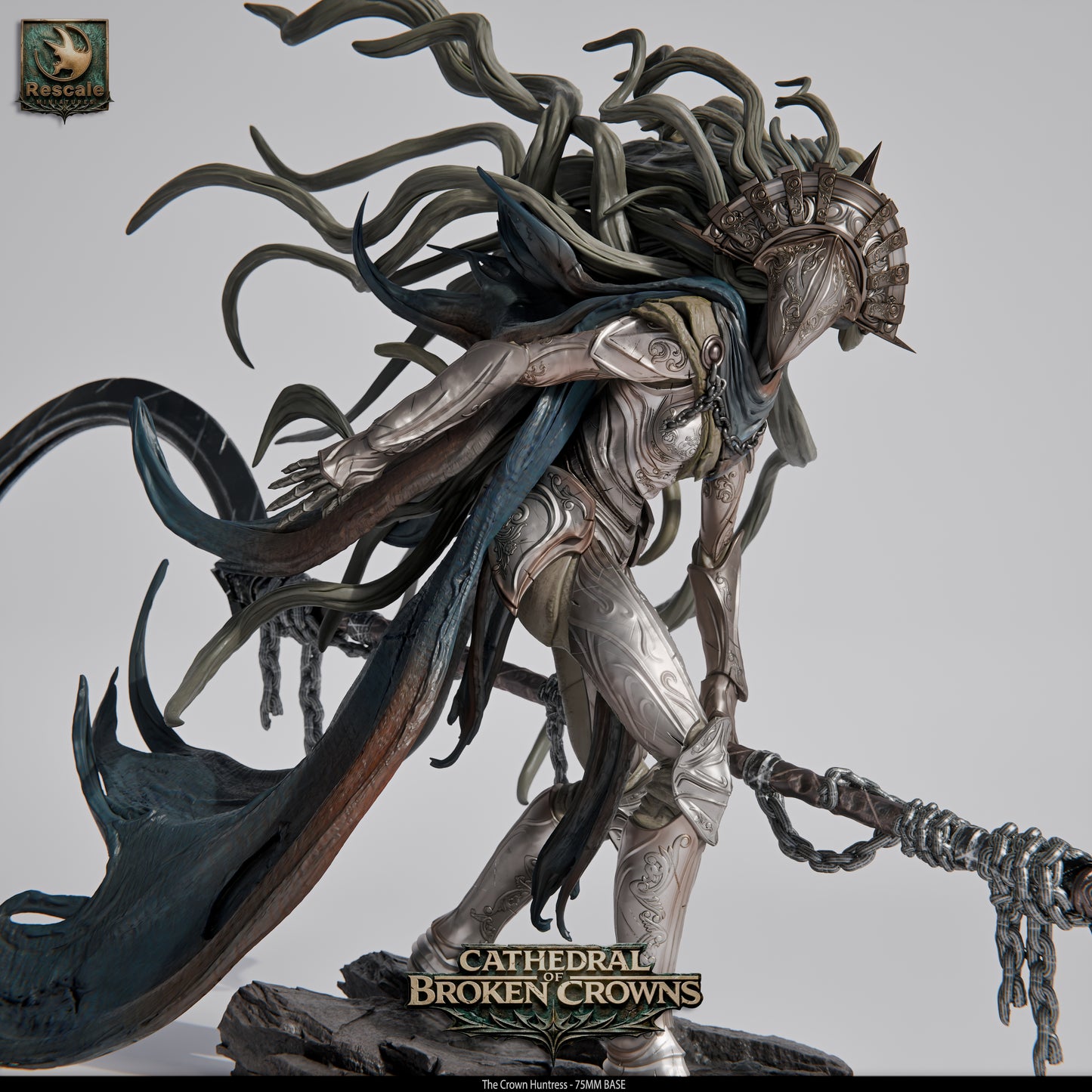 Close-up of Tattles Told 3D Crown Huntress miniature from Cathedral of Broken Crowns for D&D tabletop RPG.