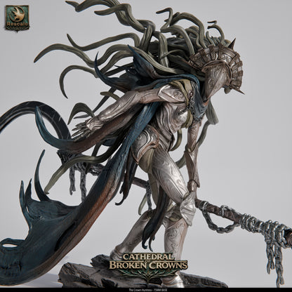 Close-up of Tattles Told 3D Crown Huntress miniature from Cathedral of Broken Crowns for D&D tabletop RPG.