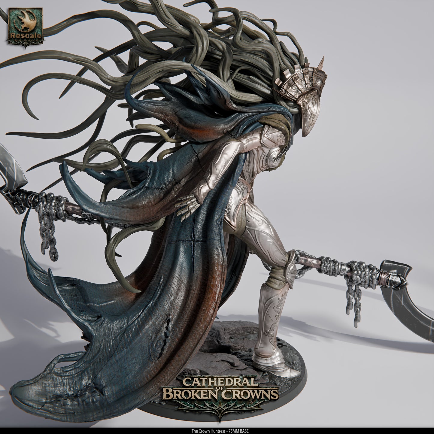 Close-up of Crown Huntress miniature from Tattles Told 3D's Cathedral of Broken Crowns D&D TTRPG miniatures set.