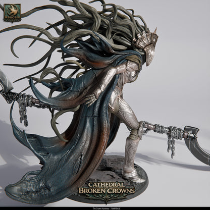 Close-up of Crown Huntress miniature from Tattles Told 3D's Cathedral of Broken Crowns D&D TTRPG miniatures set.