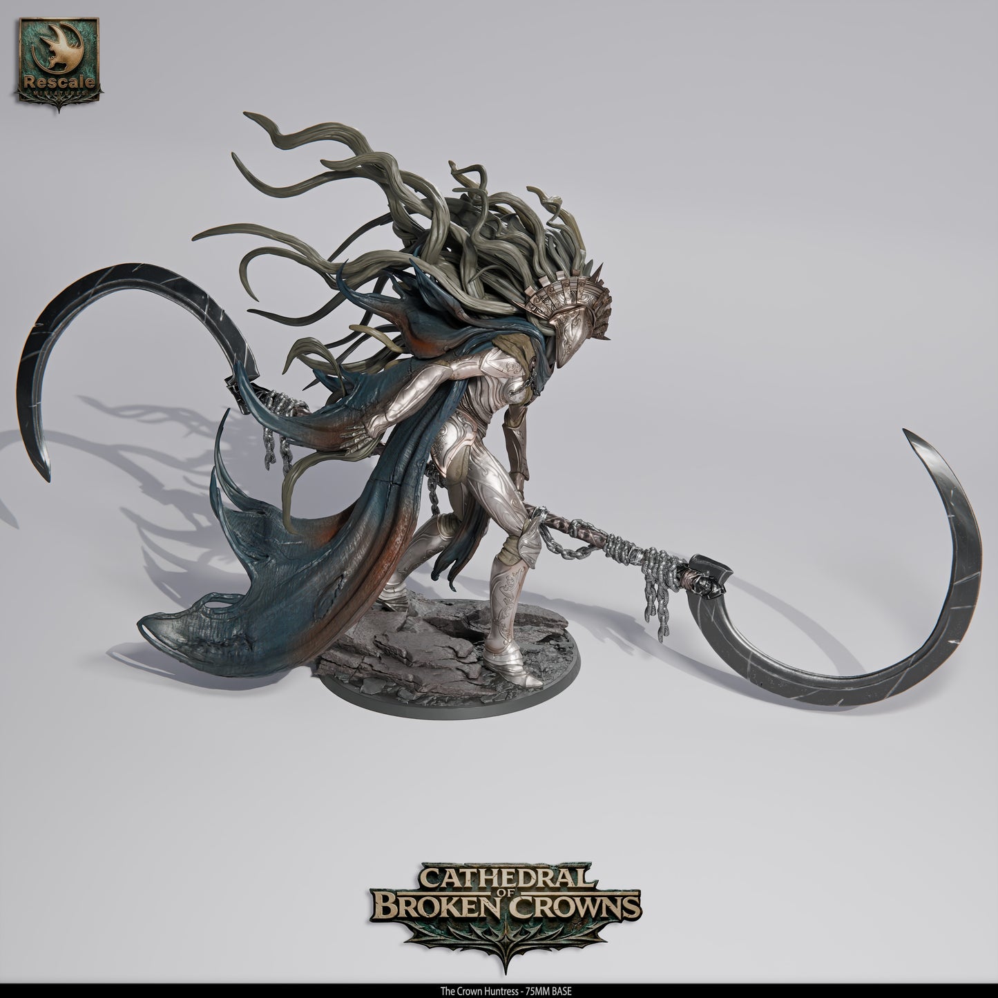 Rescaled Crown Huntress miniature from Cathedral of Broken Crowns for D&D TTRPG, by Tattles Told 3D.