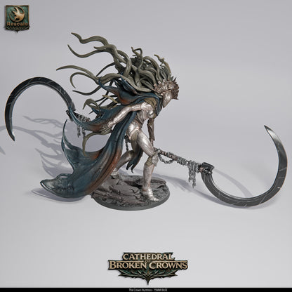 Rescaled Crown Huntress miniature from Cathedral of Broken Crowns for D&D TTRPG, by Tattles Told 3D.