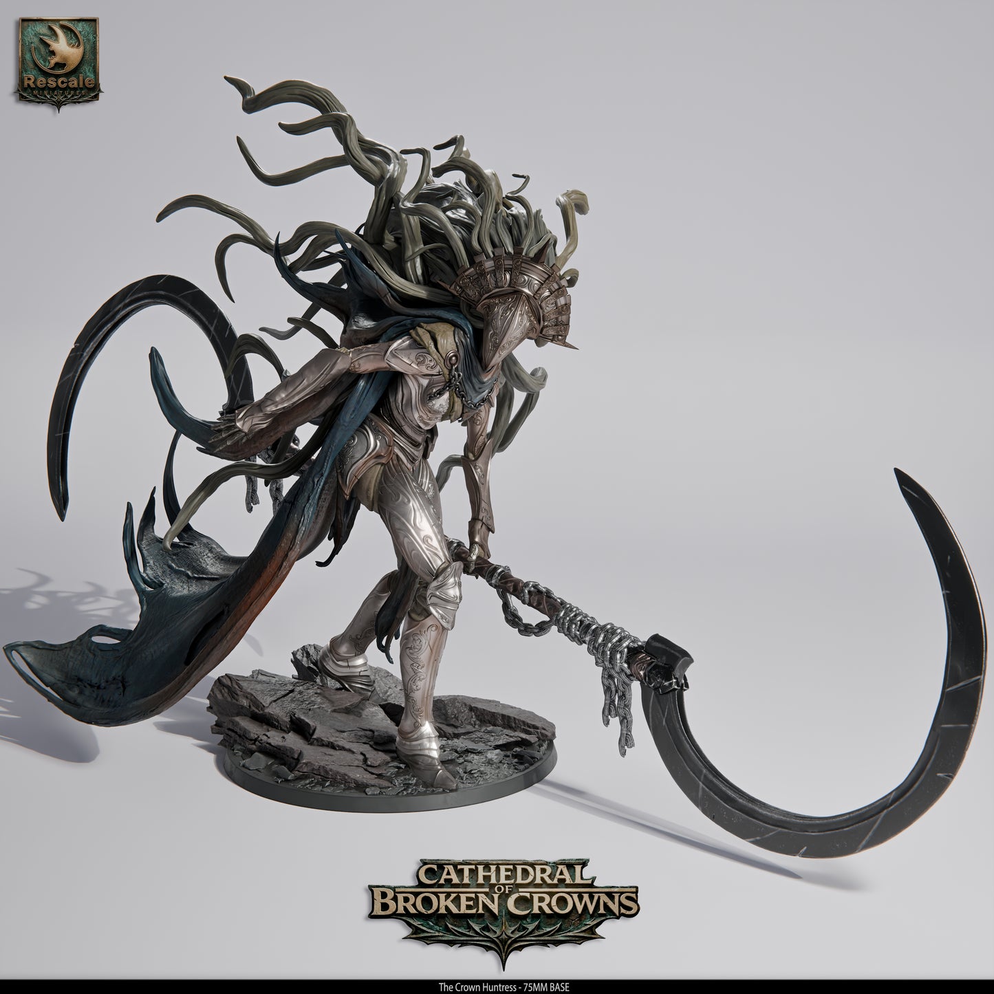 Detailed resin miniature of the Crown Huntress from Cathedral of Broken Crowns by Tattles Told 3D, featuring intricate armor and weaponry.