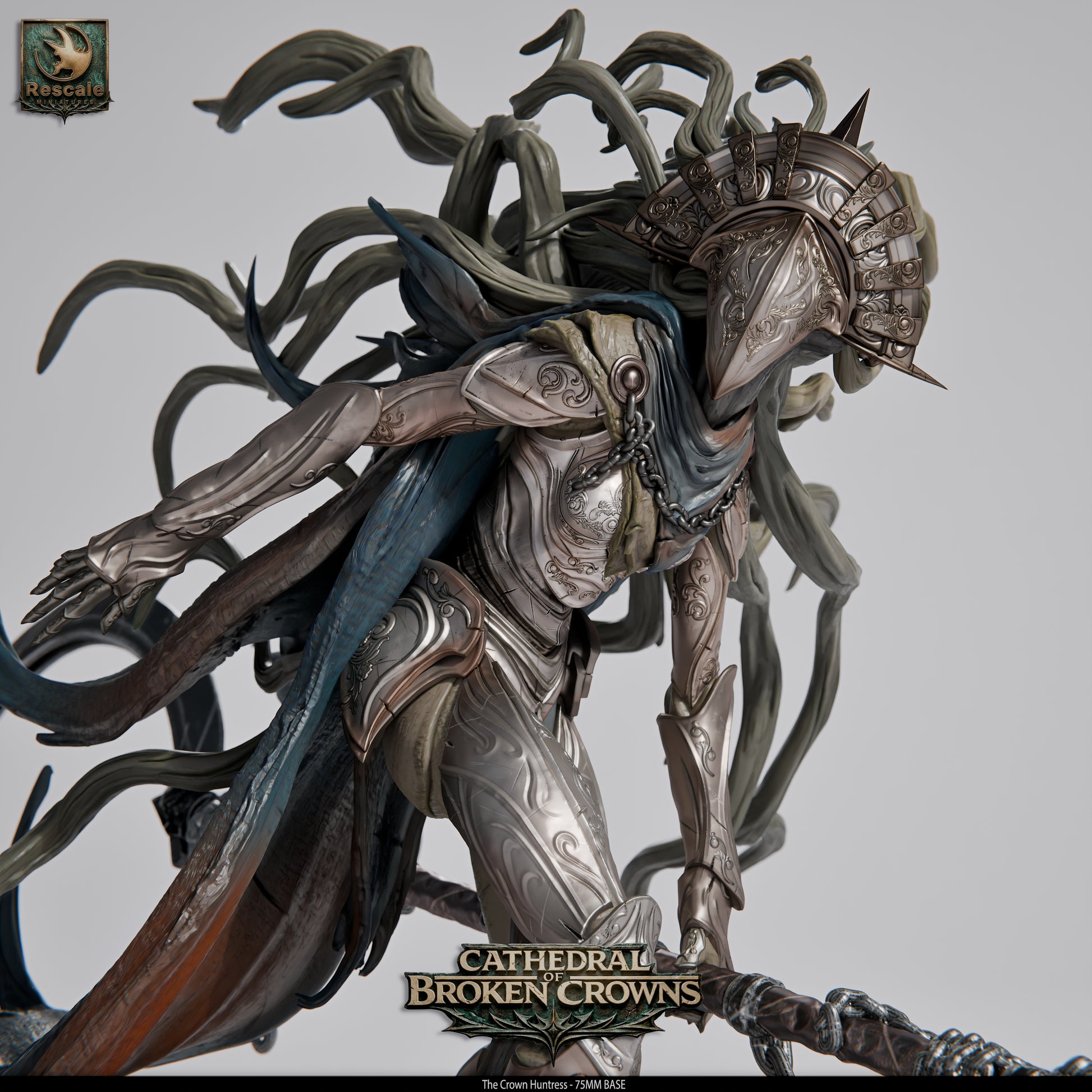 Rescaled Crown Huntress miniature from Cathedral of Broken Crowns for D&D TTRPG, crafted by Tattles Told 3D.
