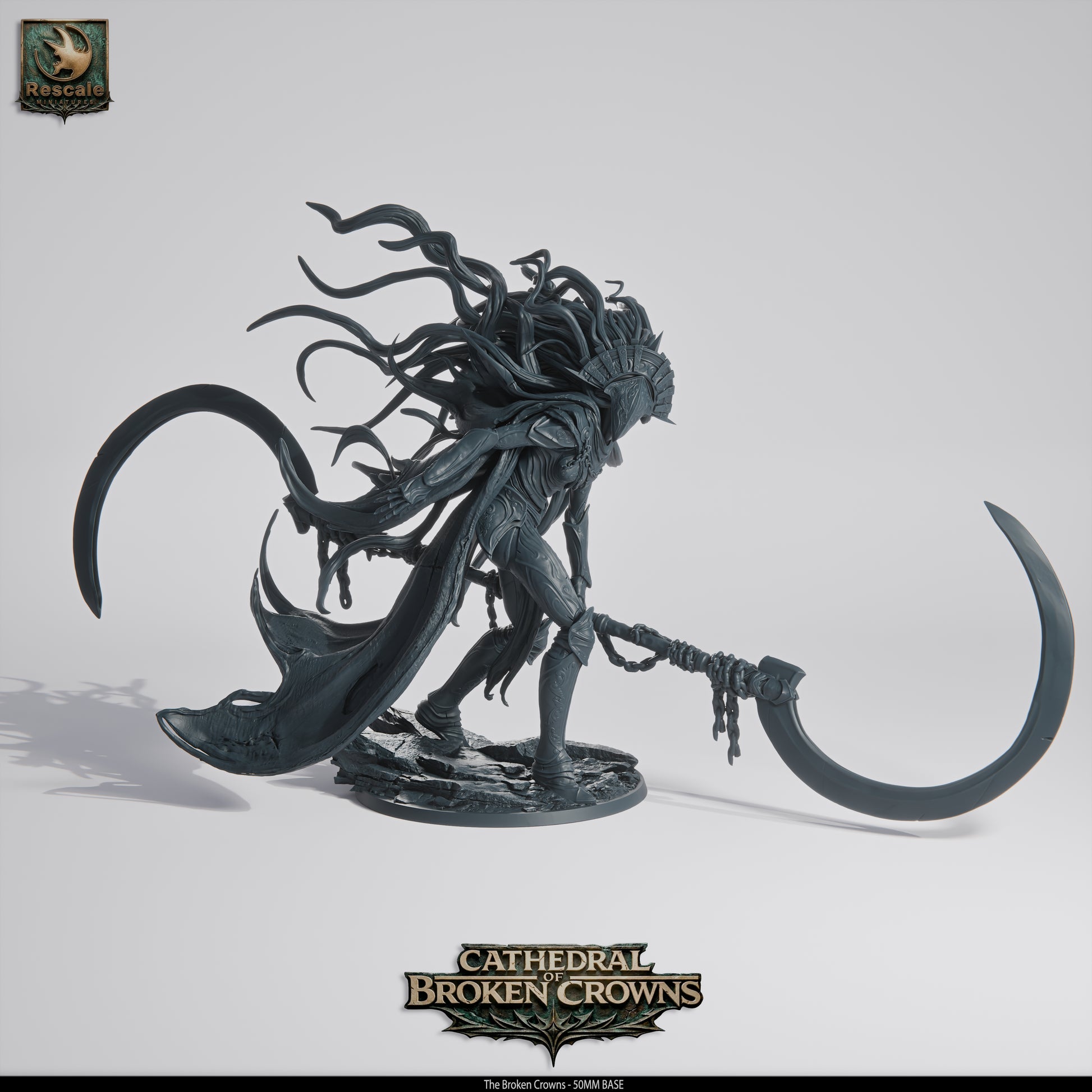 Rescaled Crown Huntress miniature from Cathedral of Broken Crowns by Tattles Told 3D, detailed D&D TTRPG miniatures for tabletop gaming.