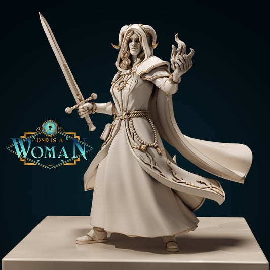 Tiefling Cleric, Lady Sunila | D&D TTRPG Miniature | DnD Is A Woman | NO BASE
