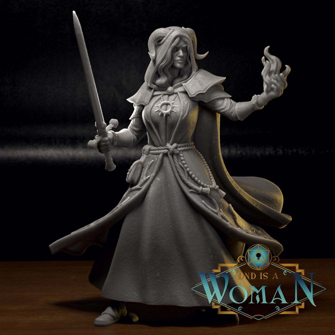 Tiefling Cleric, Lady Sunila | D&D TTRPG Miniature | DnD Is A Woman | NO BASE