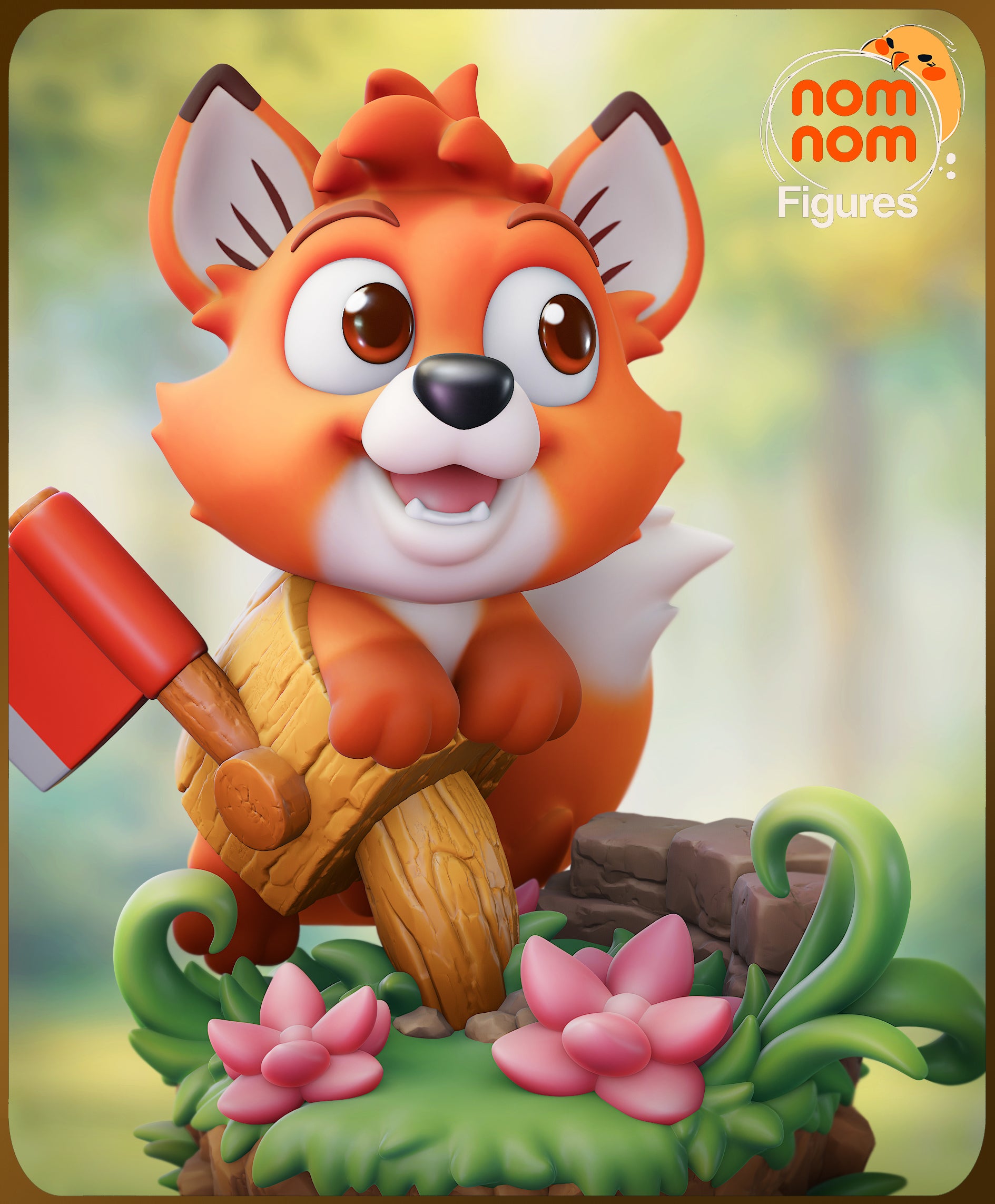 Resin garage kit figure of a chibi little fox from Nomnom Figures, designed by Tattles Told 3D, shown in a detailed anime fan art style.
