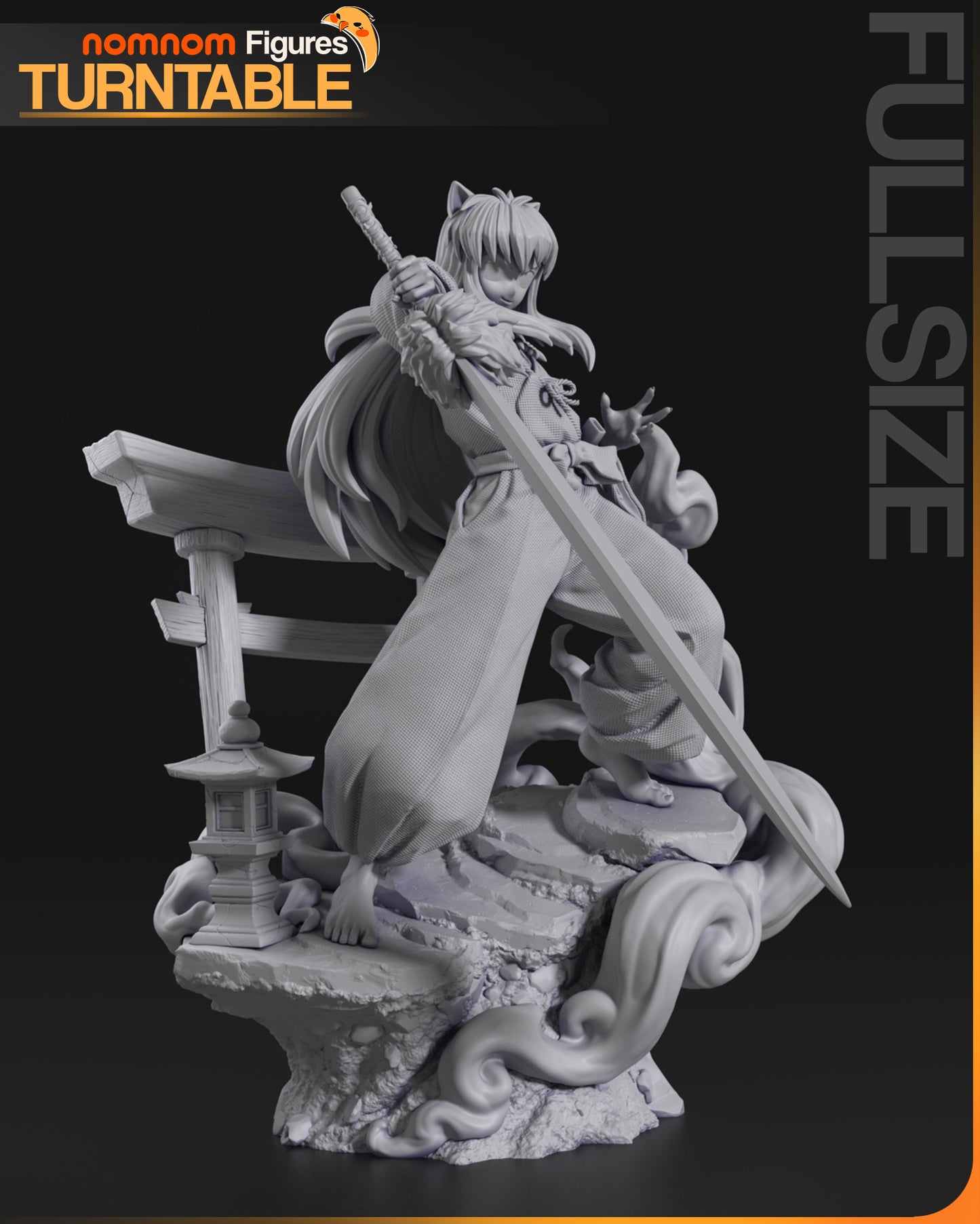 Resin garage kit figure of a half demon dog by Tattles Told 3D, displayed on a turntable with detailed paintwork and sculpting.