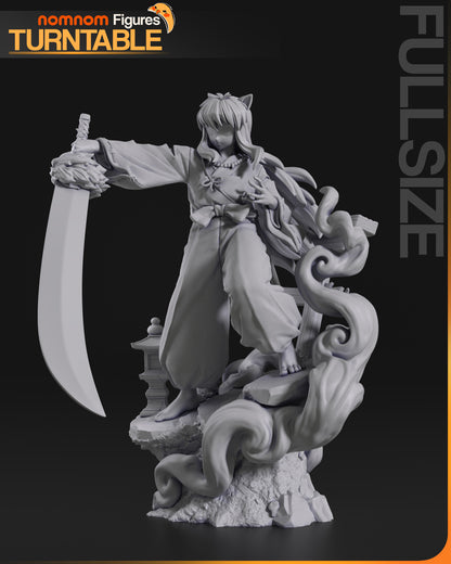 Resin garage kit figure of a half demon dog by Tattles Told 3D, displayed on a turntable, detailed fan art sculpture.