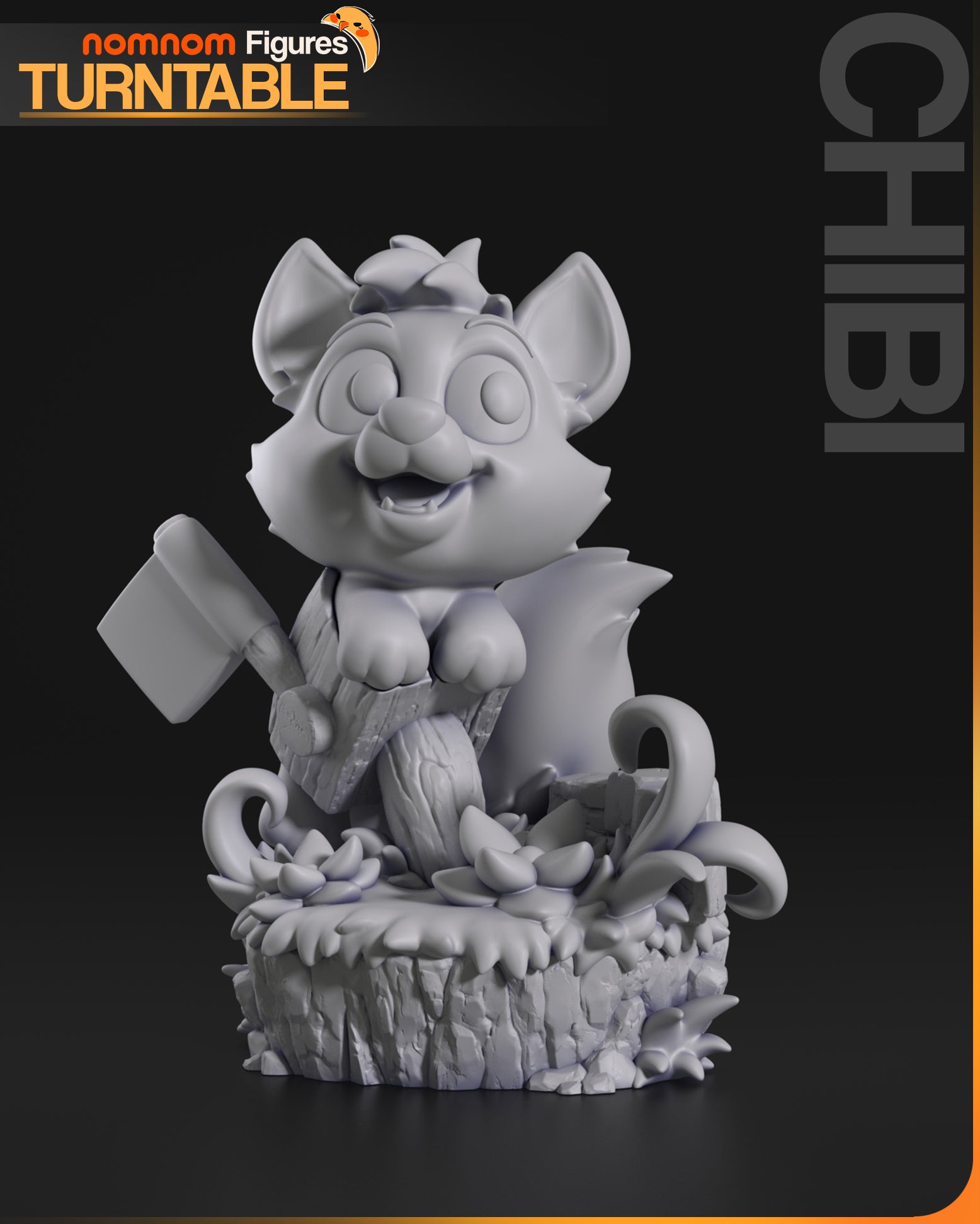 Chibi Little Fox resin garage kit figure by Tattles Told 3D, displayed on turntable, featuring detailed anime fan art design.