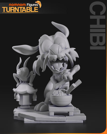 Resin garage kit figure of Chibi Ancestral Guardian by Tattles Told 3D, displayed on turntable with detailed anime fan art design.