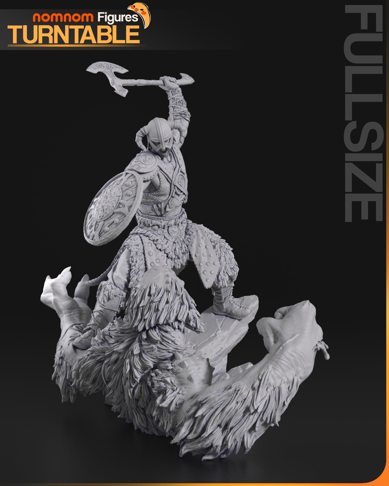 Resin garage kit figure of the Frostland Dragon Slayer from Tattles Told 3D, displayed on a turntable, crafted by Nomnom Figures.