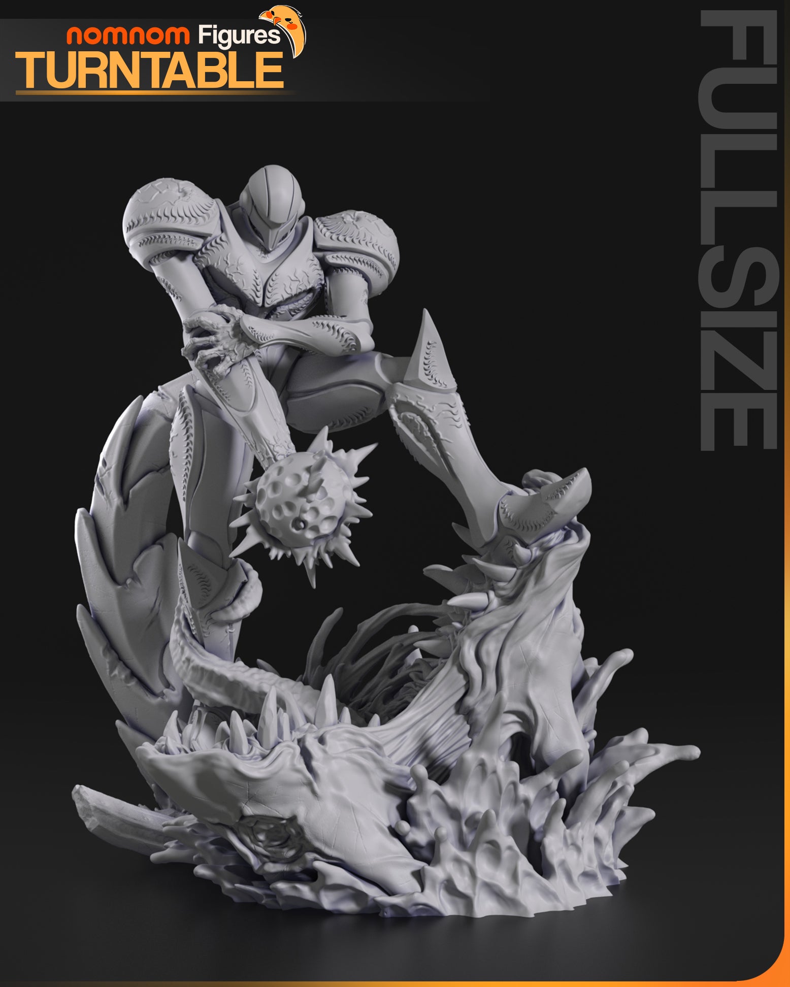 High Tech Dark Hunter resin garage kit figure by Tattles Told 3D, displayed on a turntable with detailed dark armor and futuristic design.