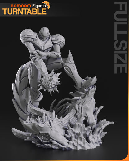 High Tech Dark Hunter resin garage kit figure by Tattles Told 3D, displayed on a turntable with detailed dark armor and futuristic design.
