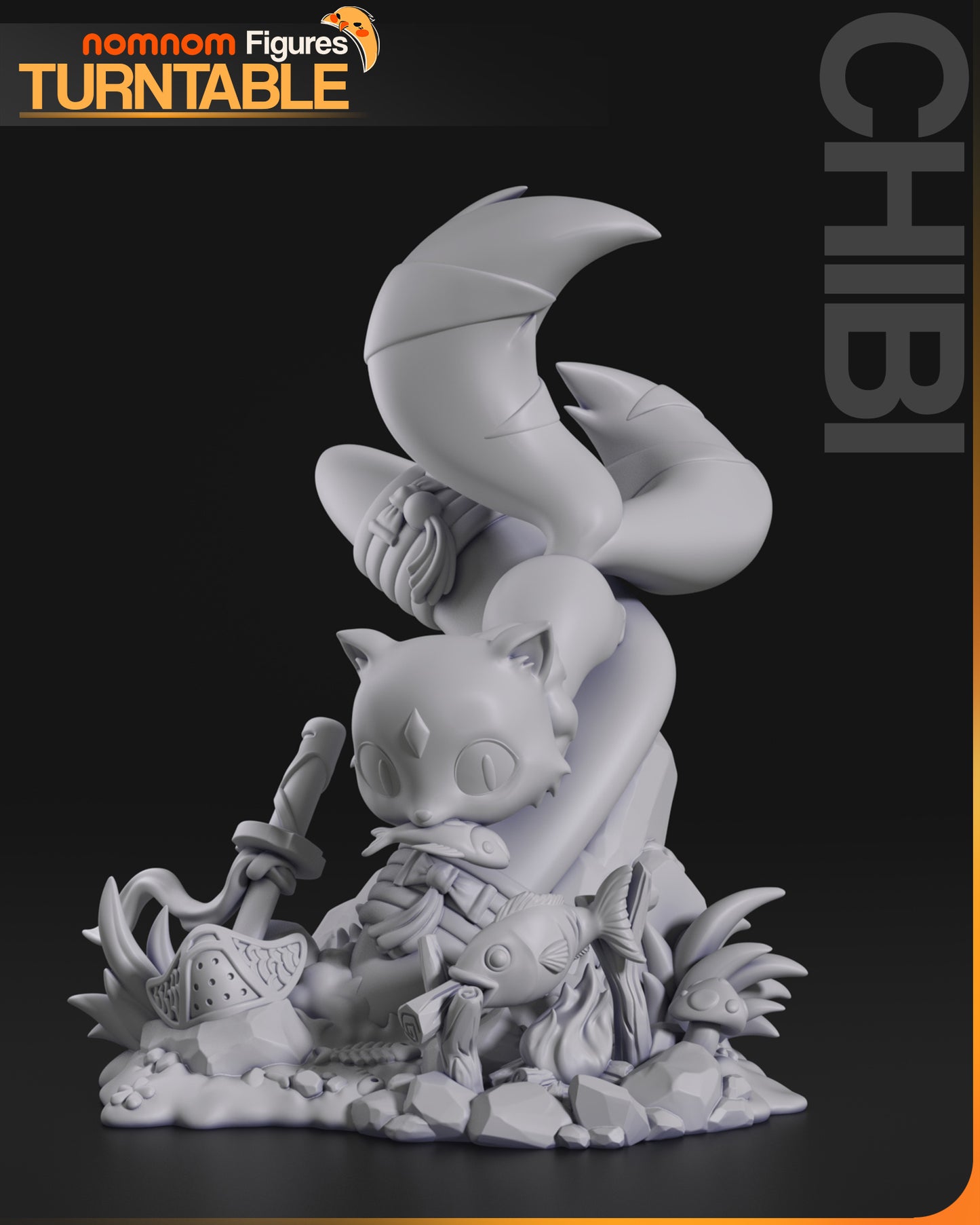 Resin garage kit figure of a chibi demon kitty cat by Tattles Told 3D, displayed on a turntable, detailed anime fan art sculpture.