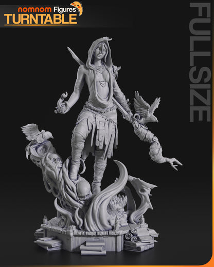 Wilderness Witch resin garage kit figure by Nomnom Figures, displayed on a turntable with detailed sculpting and vibrant paint.