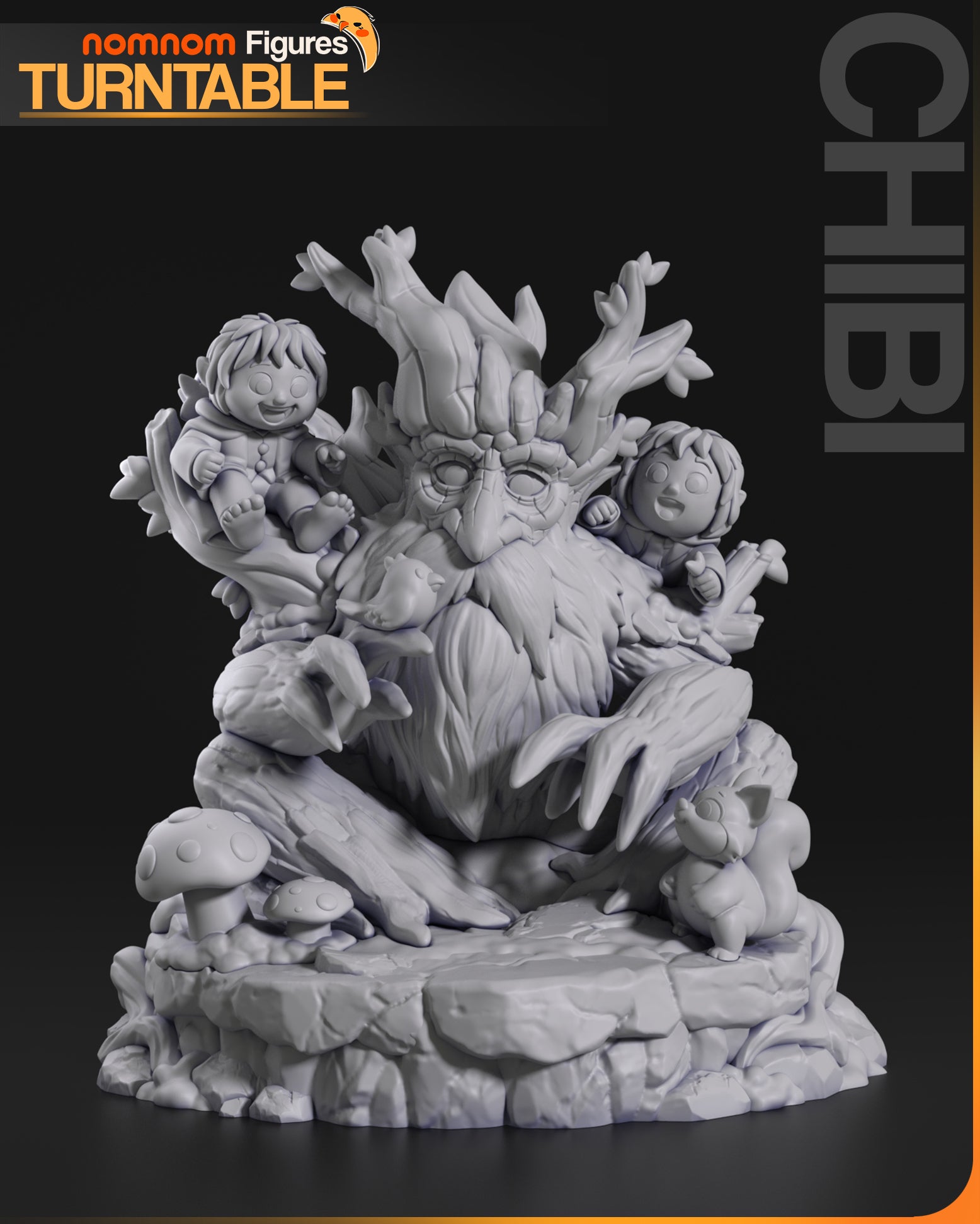 Resin garage kit figure of a chibi walking tree, anime fan art by Nomnom Figures, displayed on a turntable with detailed sculpting.