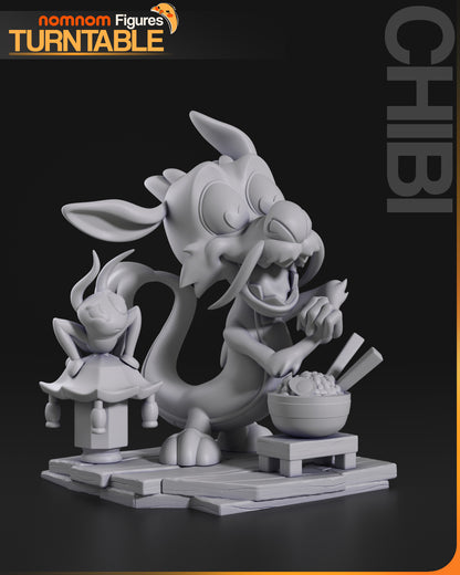 Resin garage kit figure of Chibi Ancestral Guardian by Tattles Told 3D, displayed on a turntable with detailed anime fan art design.