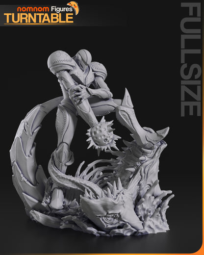 Resin garage kit figure of the High Tech Dark Hunter by Tattles Told 3D on a turntable, showcasing detailed fan art design.