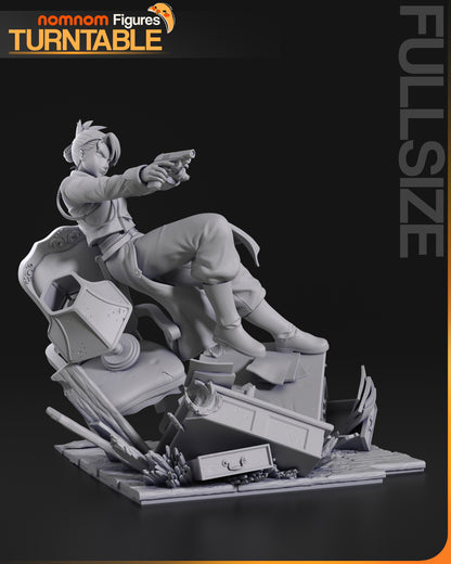 Resin garage kit figure of Sharpshooting Lieutenant by Tattles Told 3D, displayed on a turntable, detailed fan art model.