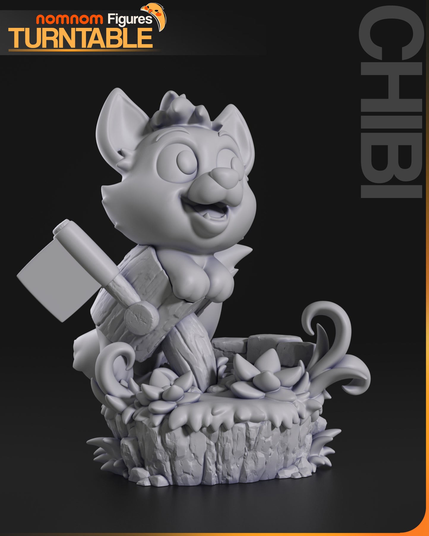 Resin garage kit figure of a chibi little fox by Tattles Told 3D, displayed on a turntable, detailed anime fan art sculpture.