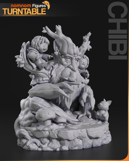 Resin garage kit figure of a chibi walking tree by Tattles Told 3D, displayed on a turntable with detailed anime fan art design.