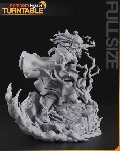 Resin garage kit figure of Lotus Warrior Mentor by Tattles Told 3D, shown on a turntable with detailed sculpting.