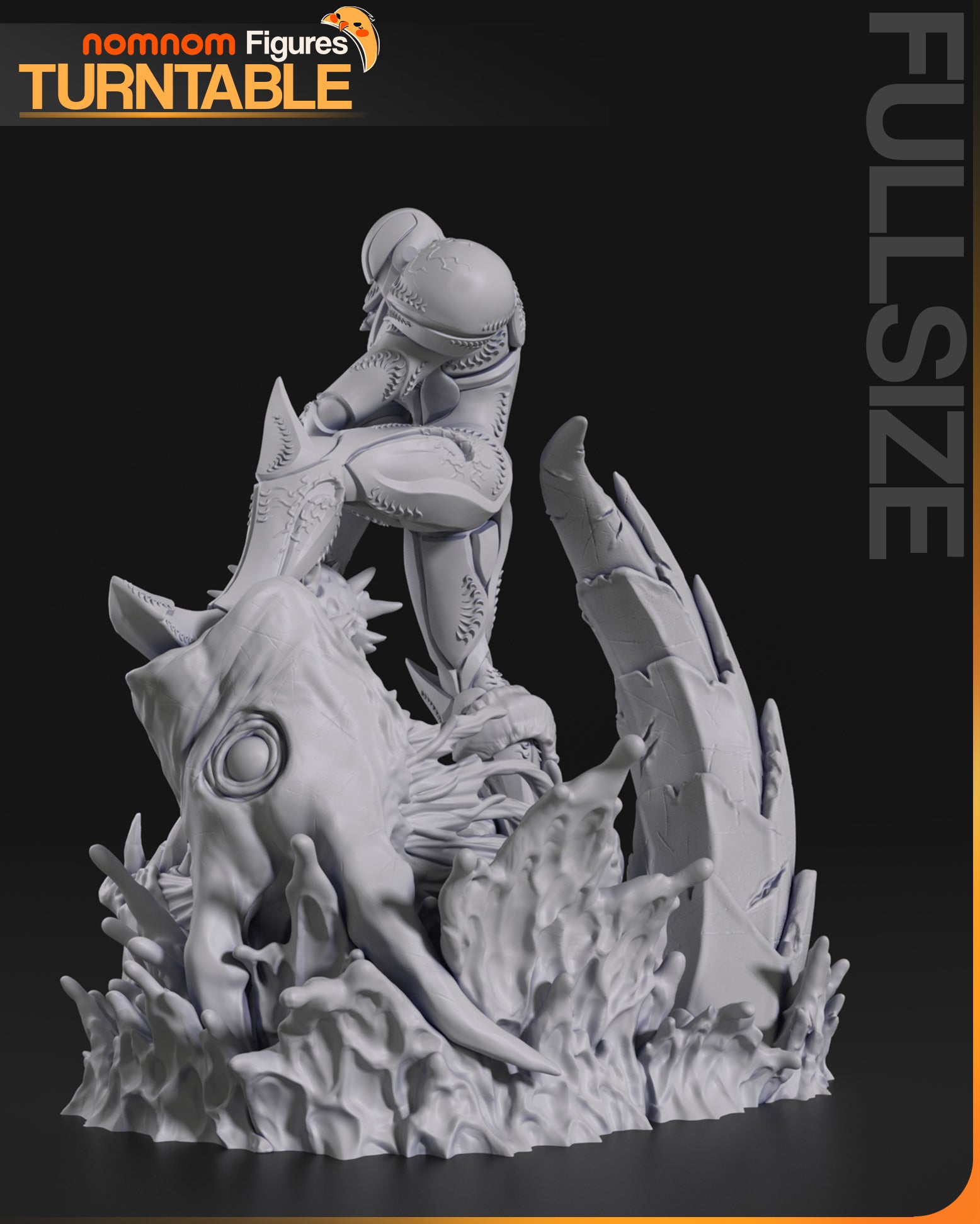 High Tech Dark Hunter resin garage kit figure by Tattles Told 3D, displayed on a turntable with detailed dark armor and futuristic design.