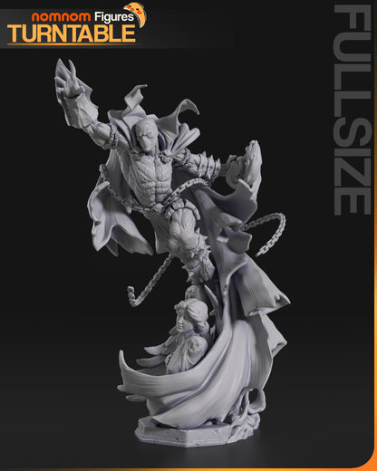 Infernal Antihero resin garage kit figure by Tattles Told 3D, displayed on a turntable with detailed fan art design.