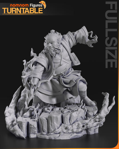 Resin garage kit figure of Lotus Warrior Mentor by Tattles Told 3D on a turntable, detailed fan art collectible.