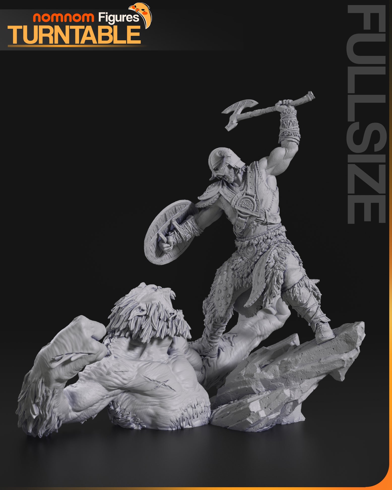 Frostland Dragon Slayer resin garage kit figure by Tattles Told 3D on turntable, detailed fantasy dragon slayer sculpture.