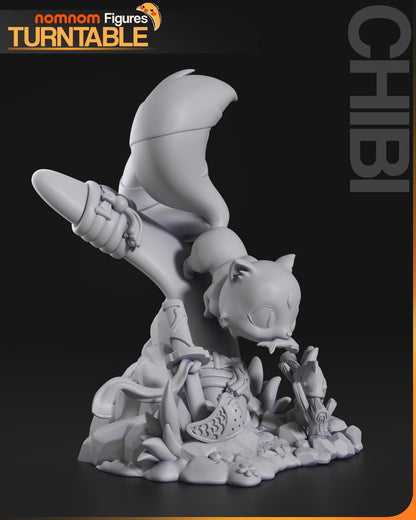 Resin garage kit figure of Chibi Demon Kitty Cat by Tattles Told 3D, displayed on a turntable, anime fan art collectible.