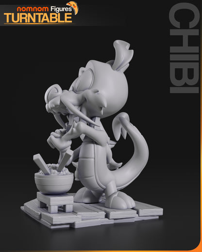 Resin garage kit figure of Chibi Ancestral Guardian by Tattles Told 3D, displayed on turntable with detailed anime fan art design.