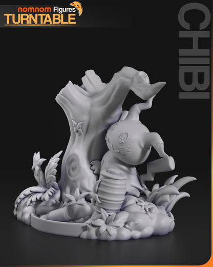 Resin garage kit figure of Chibi Shy Disguised Ghost by Tattles Told 3D, displayed on turntable, showcasing anime fan art details.