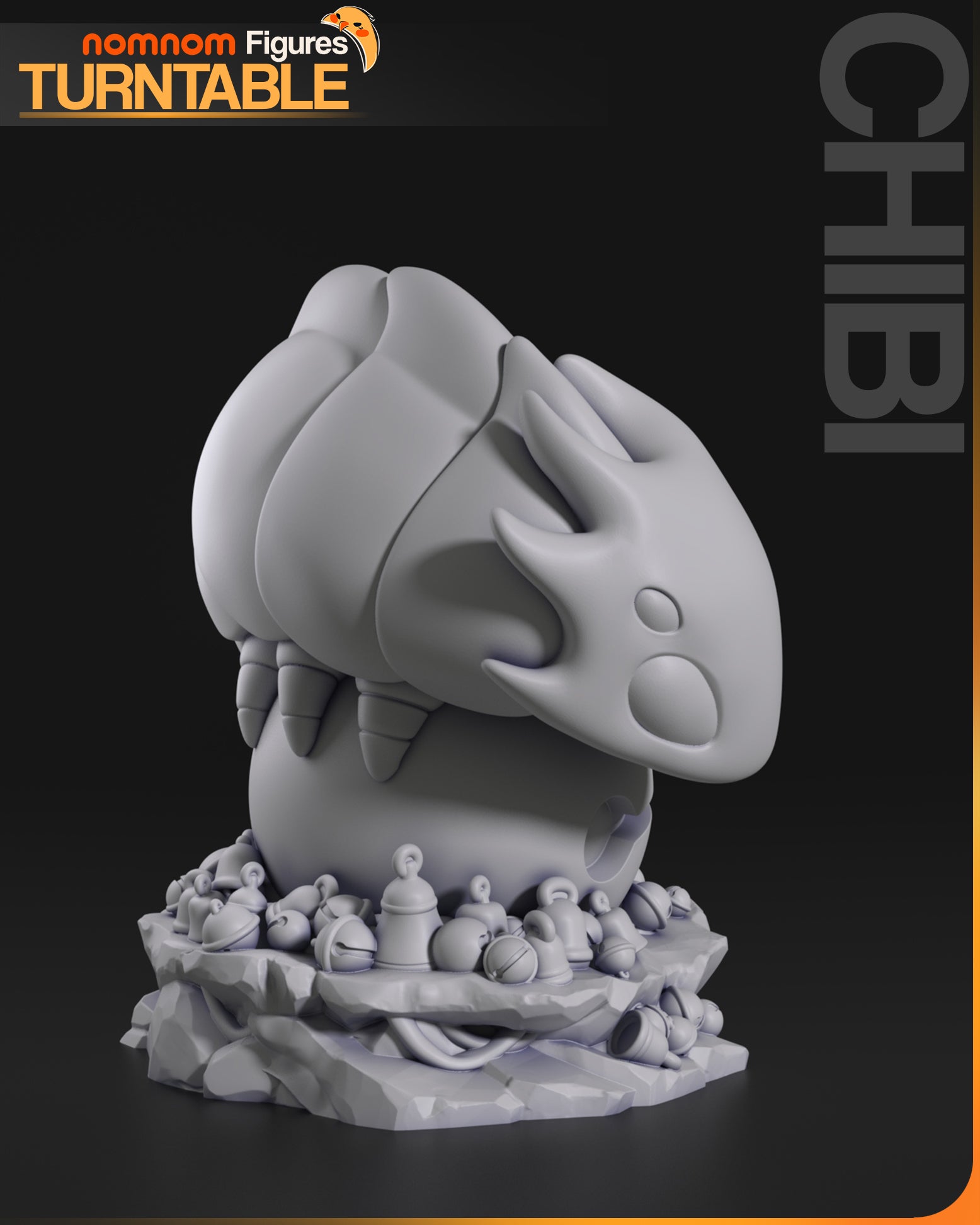 Resin garage kit figure of Chibi Bell Keeper from Nomnom Figures by Tattles Told 3D, displayed on a turntable.