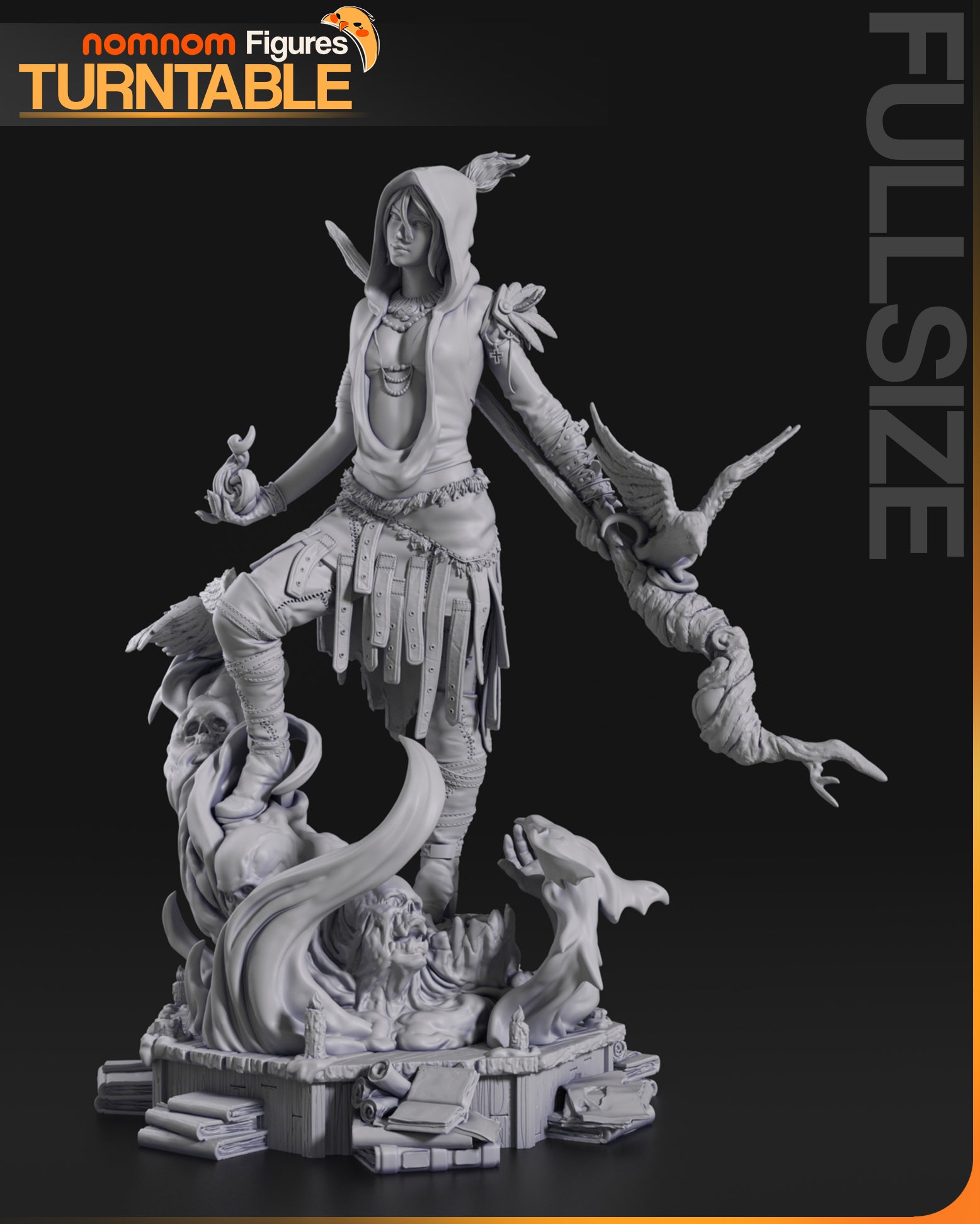 Wilderness Witch resin garage kit figure by Tattles Told 3D, displayed on a turntable, showcasing detailed fan art design.