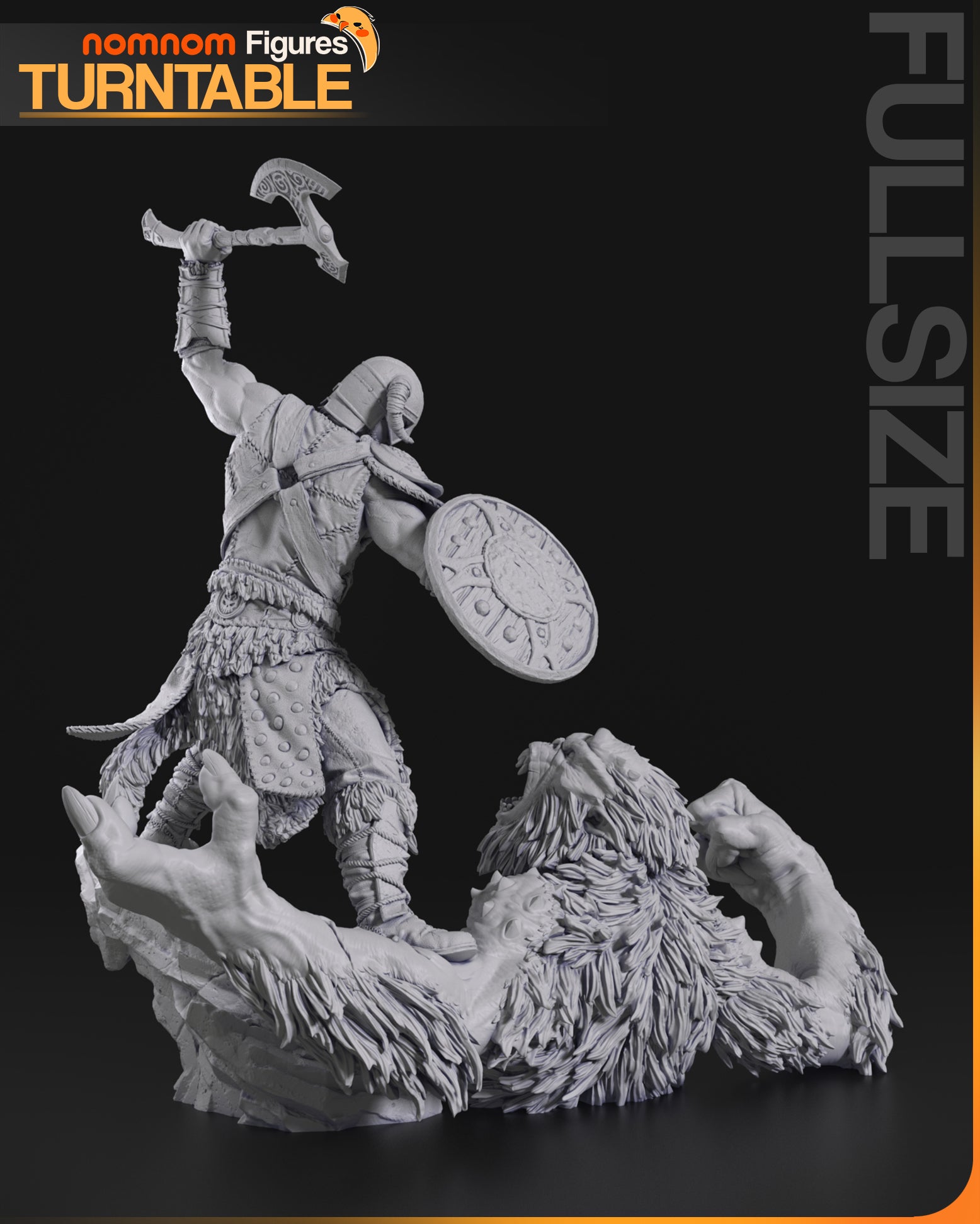 Resin garage kit figure of a dragon slayer from Frostland, created by Tattles Told 3D, displayed on a turntable.
