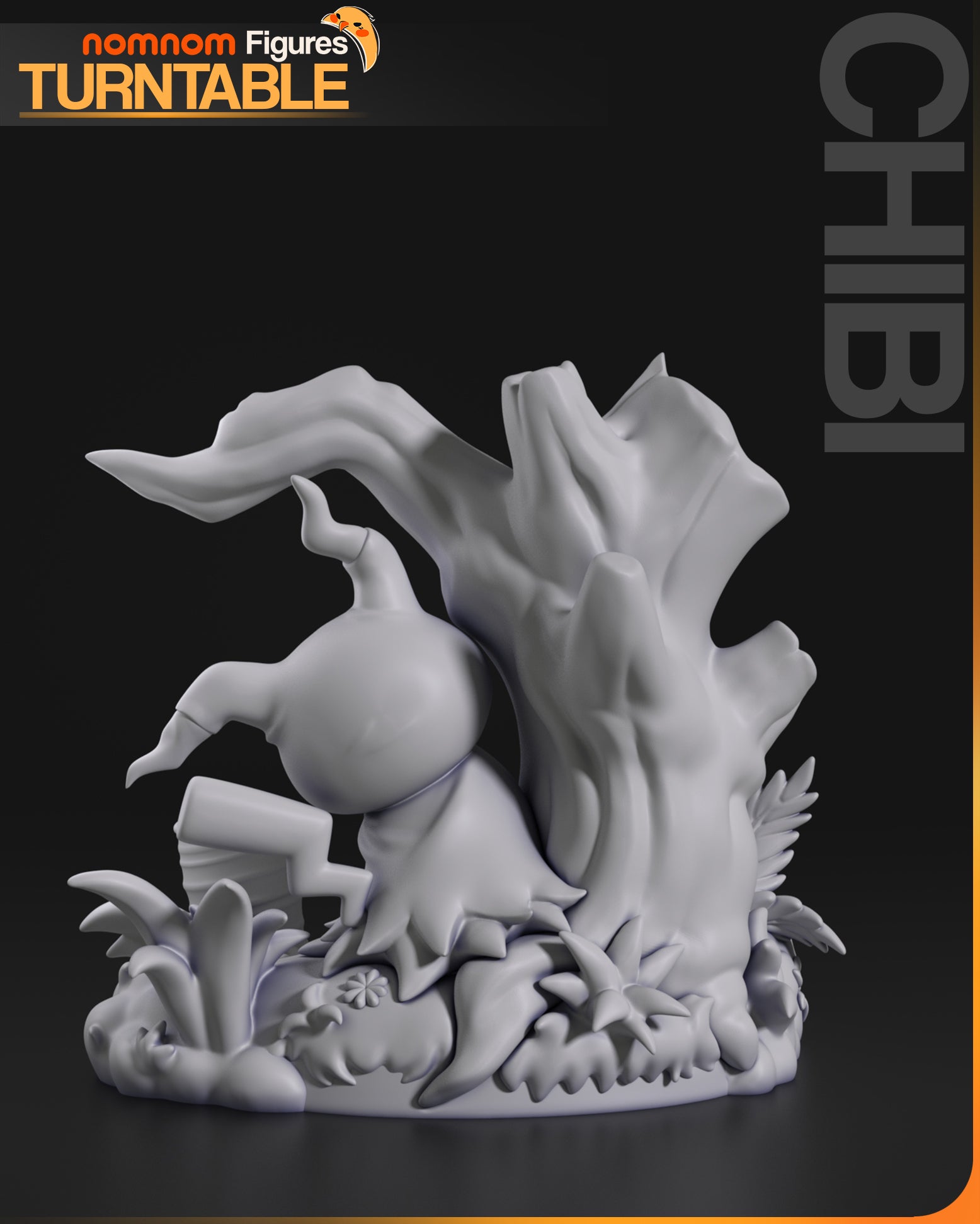 Resin garage kit figure of Chibi Shy Disguised Ghost by Tattles Told 3D, displayed on turntable, showcasing anime fan art design.