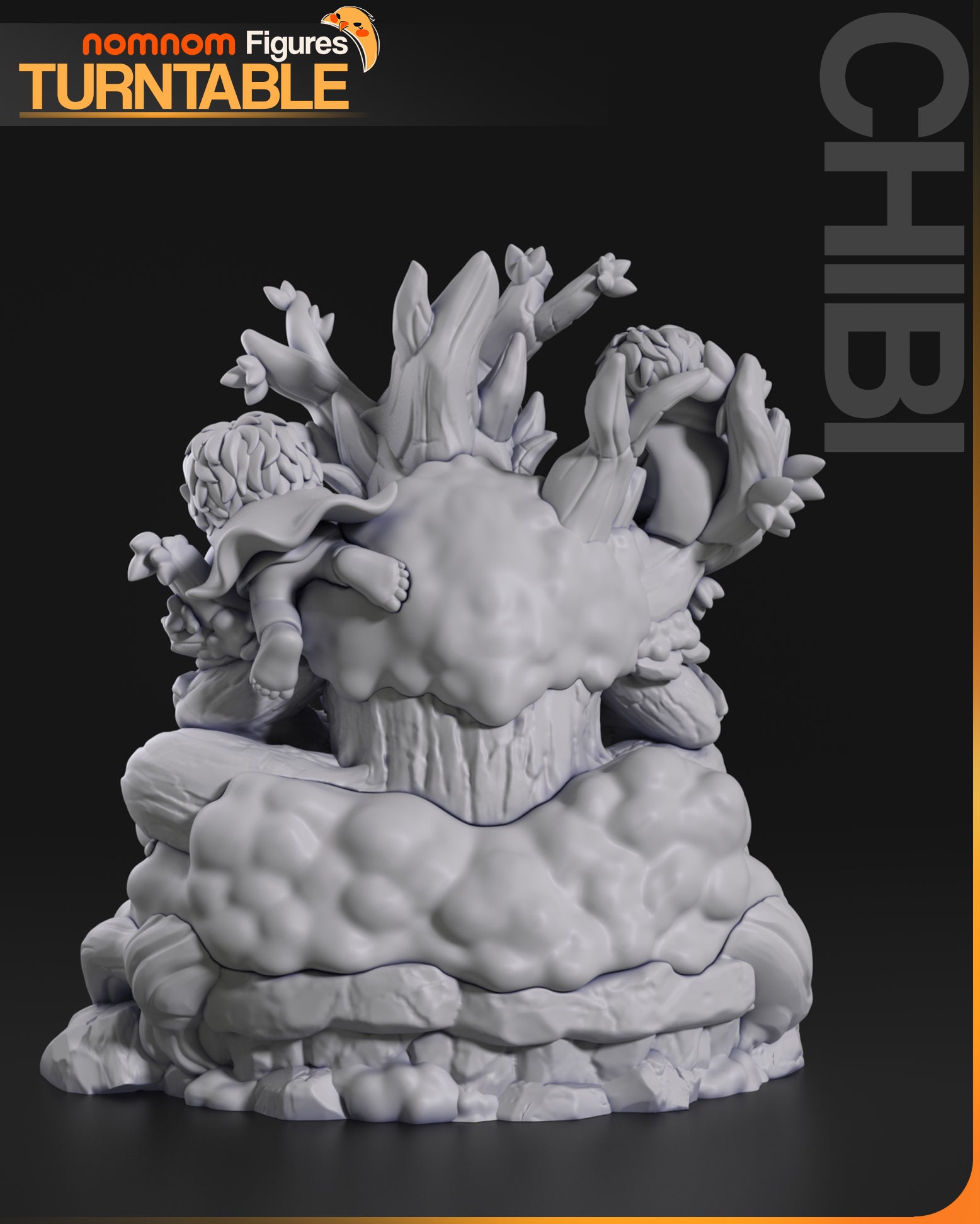 Chibi Walking Tree resin garage kit figure by Tattles Told 3D, displayed on a turntable with detailed anime-inspired design