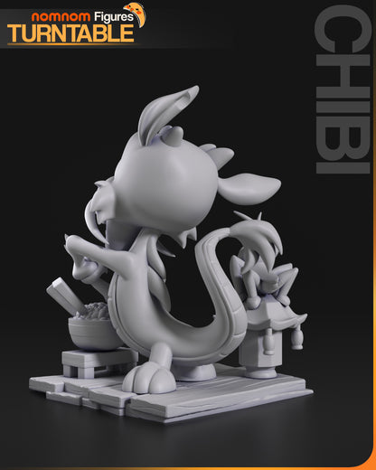 Resin garage kit figure of Chibi Ancestral Guardian by Tattles Told 3D, displayed on turntable, featuring detailed anime fan art design.